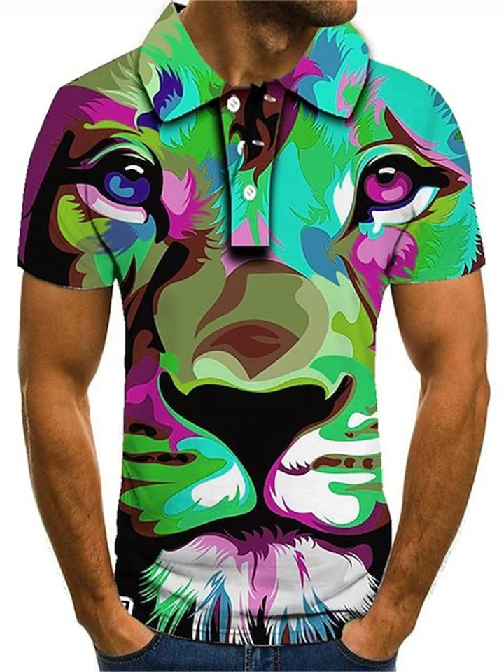 Graffiti Tiger Print Polo Shirt Lapel Button Down Men's Colorful Top-Cosfine