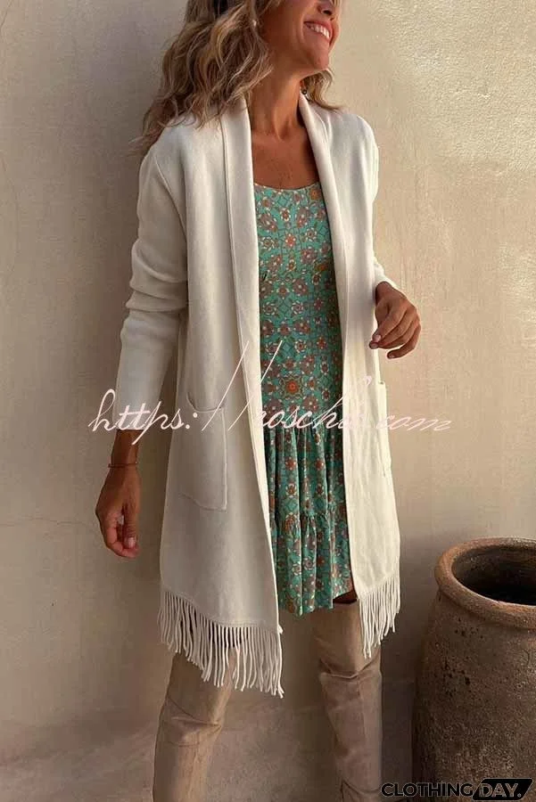 Like Totally Fringe Hem Pocketed Long Sleeve Midi Cardigan