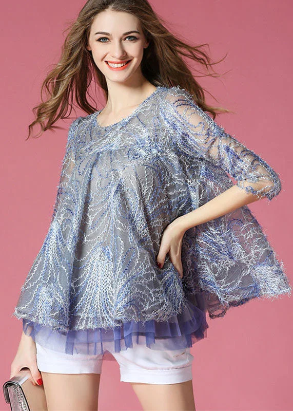 French Blue O-Neck Embroideried Hollow Out Tulle A Line Tops Spring
