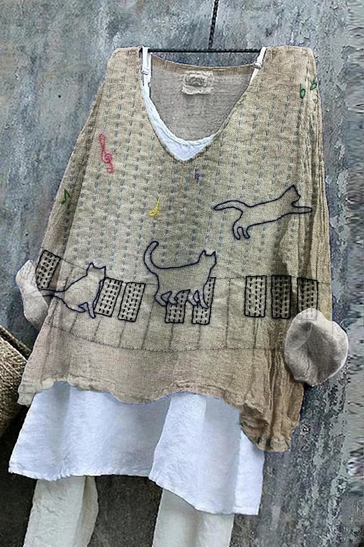 Vintage Cat Japanese Embroidery Art Linen Blend Tunic