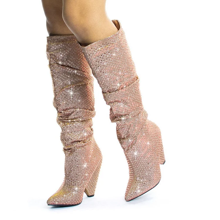 Pink Glitter Knee-High Boots with Chunky Heels Vdcoo