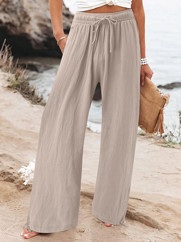 Drawstring Elasticity Pockets Solid Color Loose Wide Leg Trousers Pants