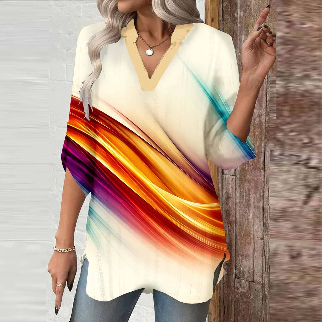 Women Abstract, Gold, Blue DZGA0655 3/4 Sleeve V-neck Printed Graphic Button Tops