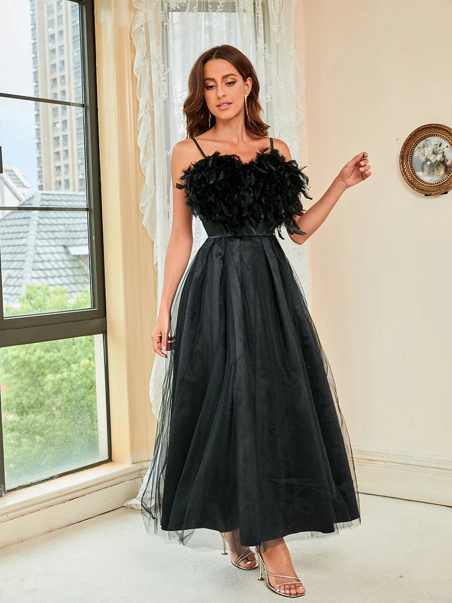 Wedding Guest  Summer Dress  Luxury Feather Black Evening Dresses Women Summer Elegant Mesh Spaghetti Sleeveless A Line Lady Club Birthday Party Dress