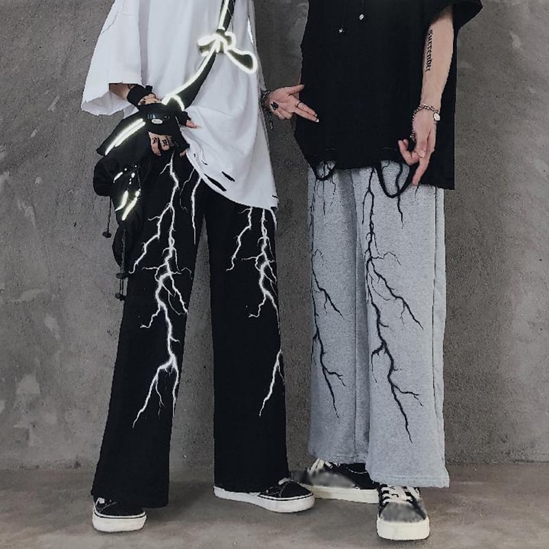 Harajuku Dark Lightning Print Couple Casual Pants
