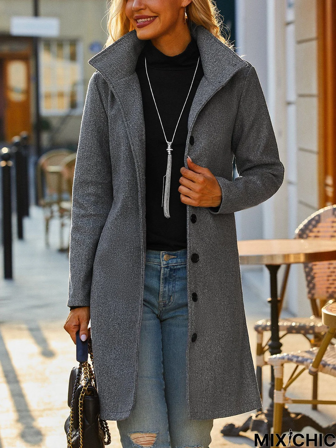 Long Sleeve Buttoned Plain Casual Overcoat