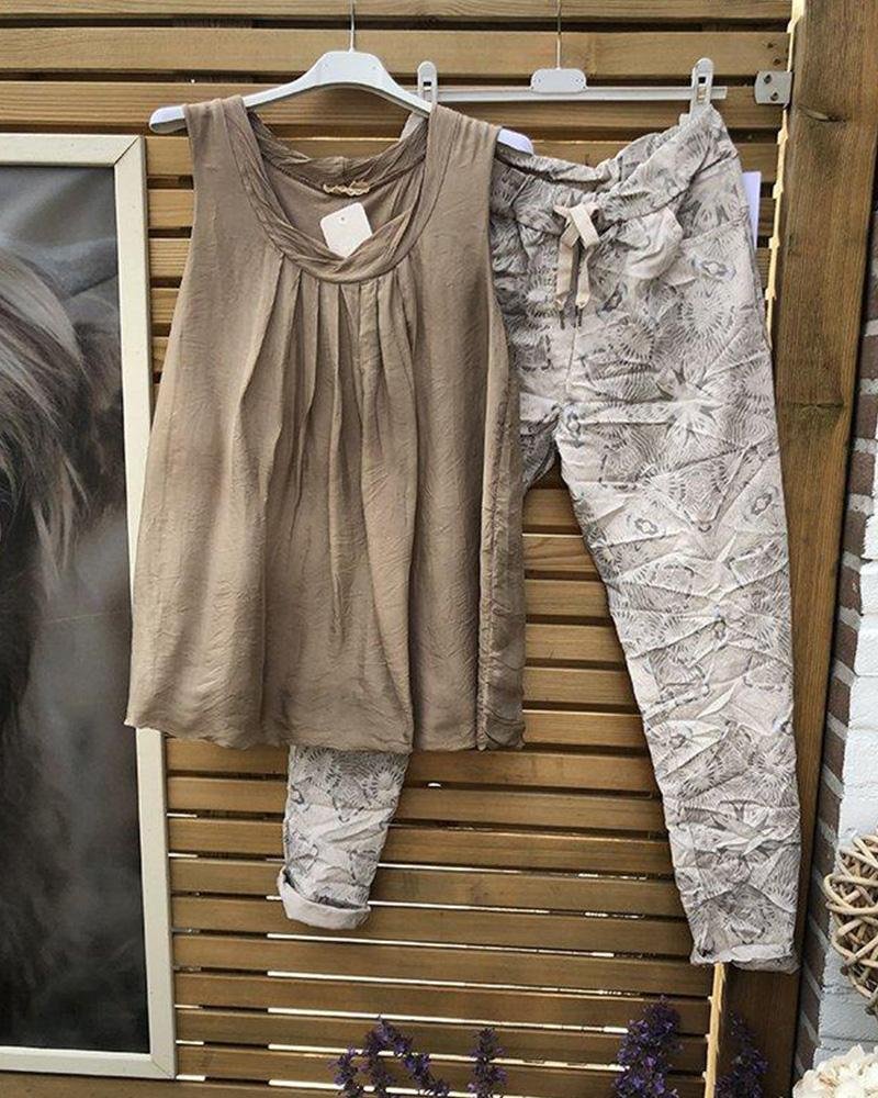 Print Sleeveless Casual Two-piece Suits