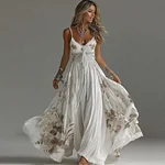 Women's Vintage Floral Pattern Art V Neck Maxi Dress - Image 2