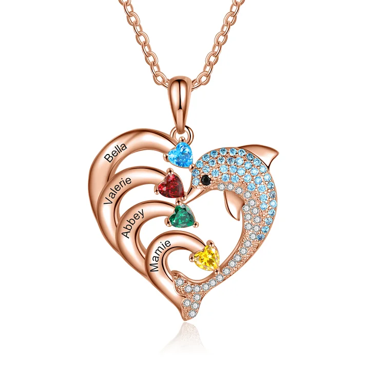Personalisierte 4 Namen Herz Delphin Halskette mit 4 Geburtssteinen