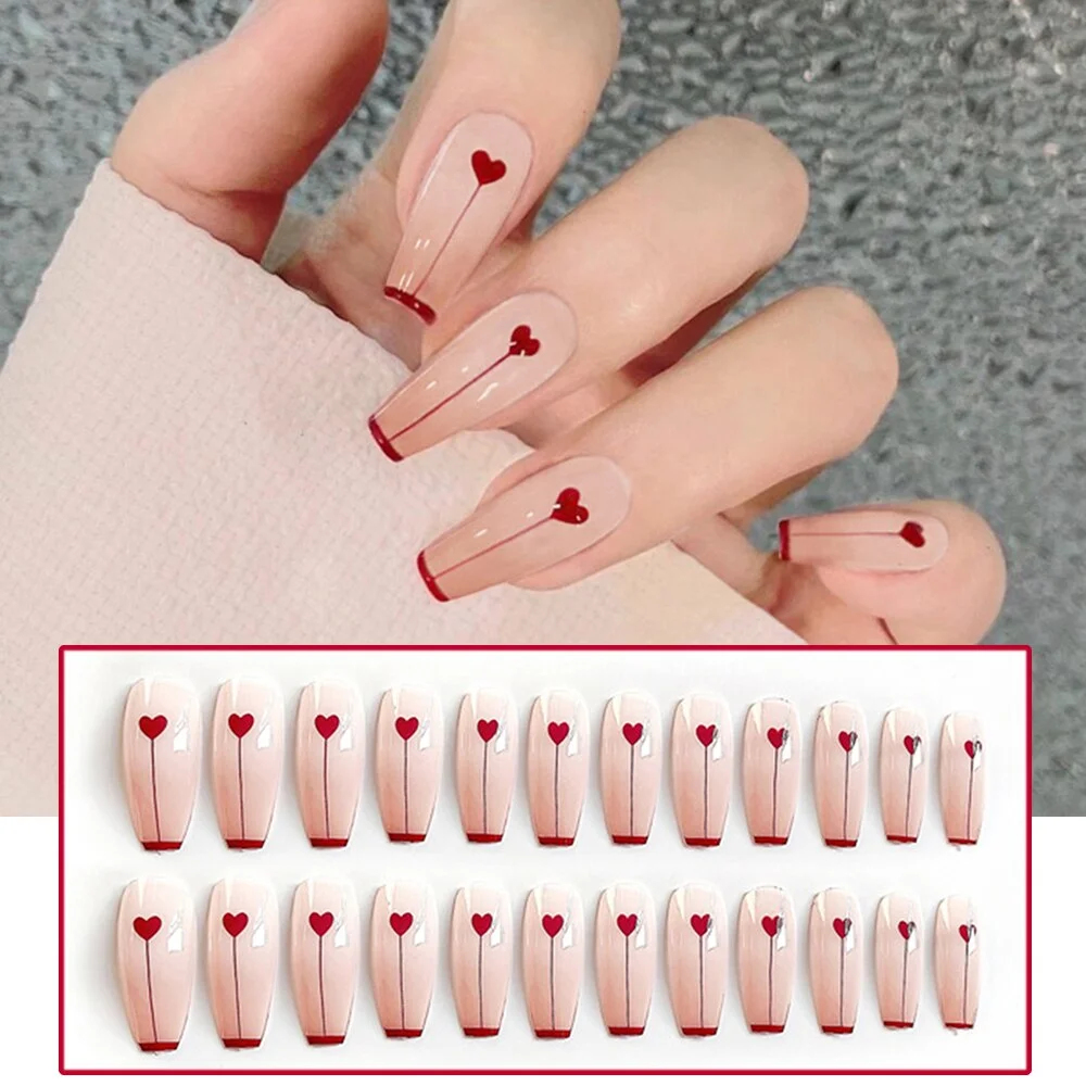 24pcs Pink Rose Design False Nail Patch Coffin Fake Nails Removable Long Paragraph Fashion Manicure Nail Art Press On Nail Tips-Nail Inspo