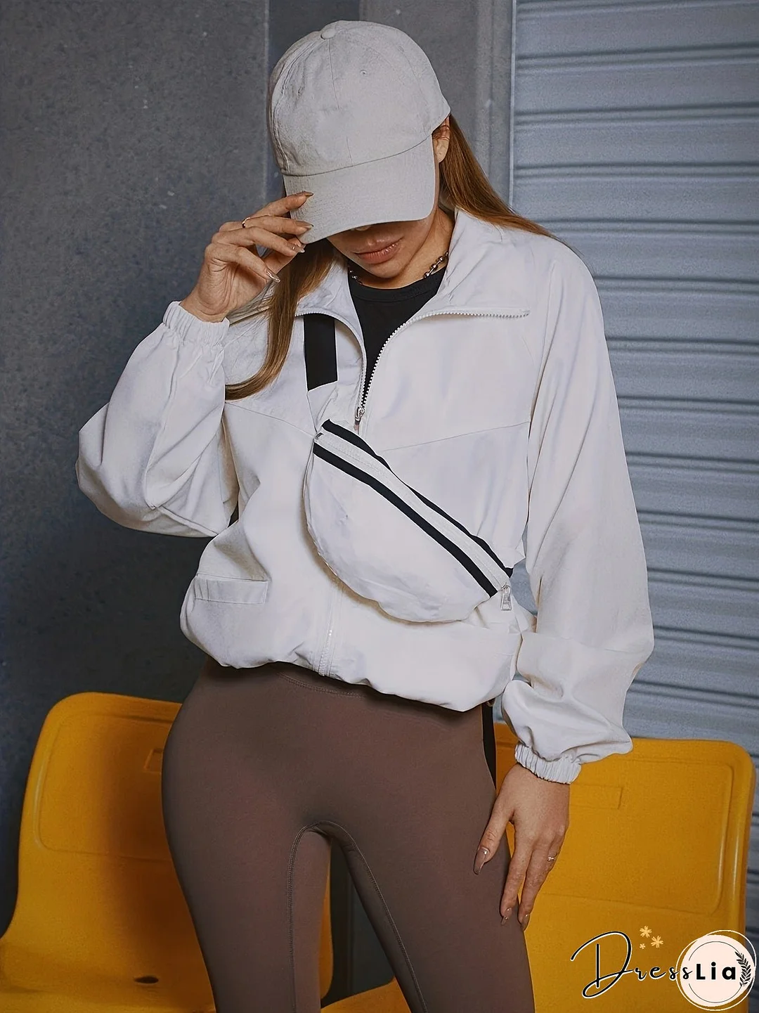 Solid Zip Up Jacket, Casual Long Sleeve Windproof Daily Outerwear With Bag, Women's Clothing