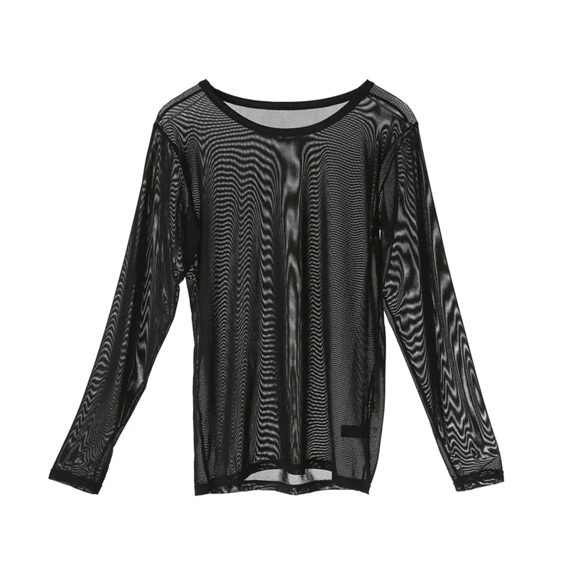 Men's Summer Bodybuilding Long Sleeve T-Shirt Male Sexy Sheer Mesh Tight Slim See-through O neck T-Shirt Tee Tops