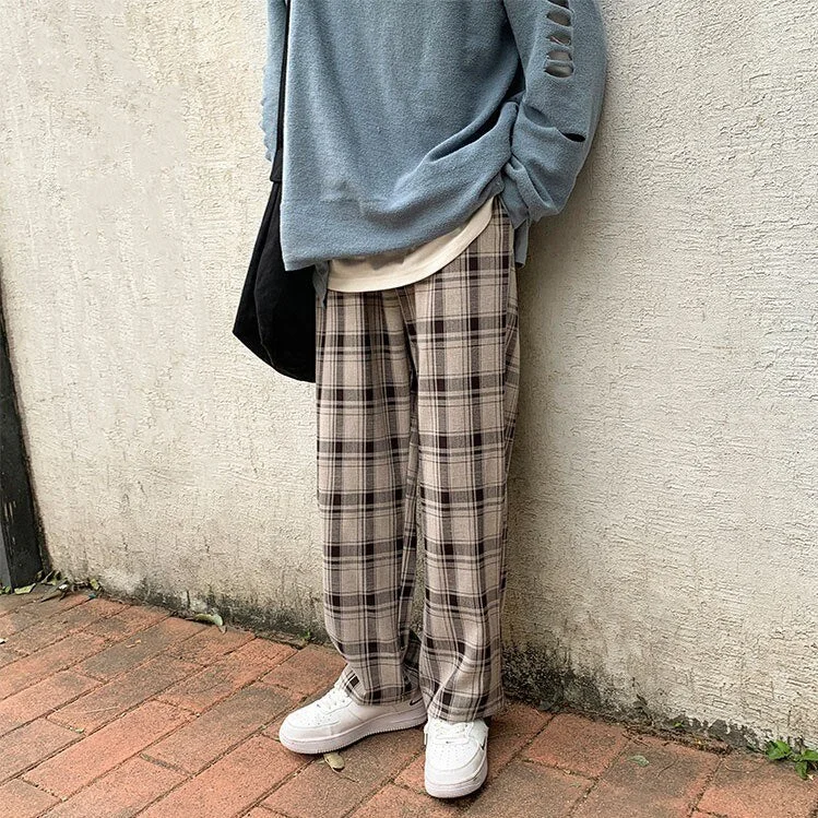 Woherb 2021 Spring Summer Men's Plaid Pants Vintage Bottoms Korean Casual Clothing Drawstring Wide Leg Straight Loose Check Trousers