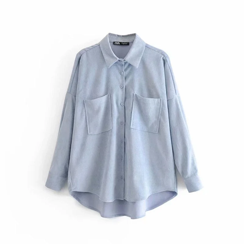 Za Women's Shirts Preppy Oversize Shirts Corduroy Blusas Mujer De Moda Female Blouses Loose Blue Pink Jacket trf Boyfriend Style