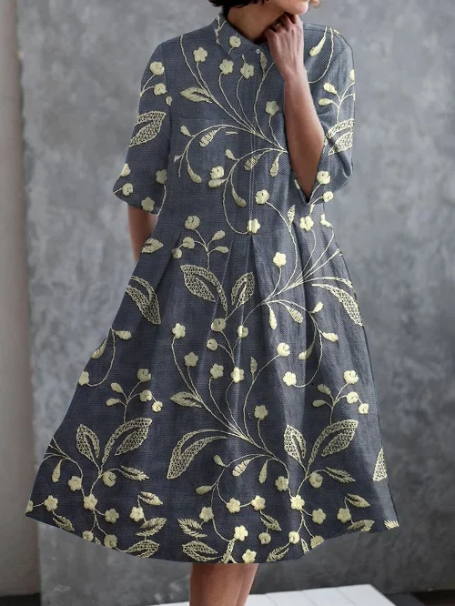 Vintage Embroidered Floral Print Casual Elegant Pocket Half Sleeve Dress