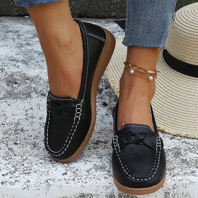 Women's Slip-Ons Wedge Heel Round Toe Casual Leather Loafer Fall Spring Solid