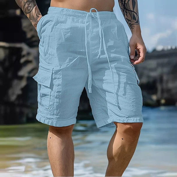  Men's Casual White Cargo Shorts with Adjustable Drawstring for Summer Beachwear