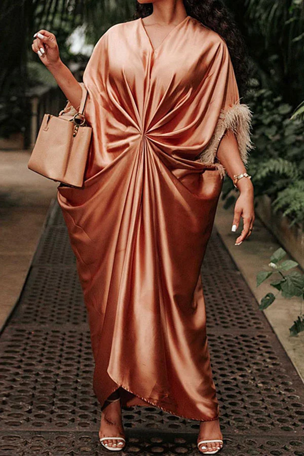 Solid Color Feather Trim Striking Draped Maxi Dress