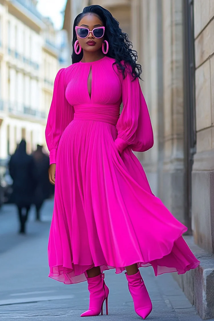 Keyhole Neck Lantern Sleeve Cinched Flowy Maxi Dresses-Fuchsia [Pre Order]