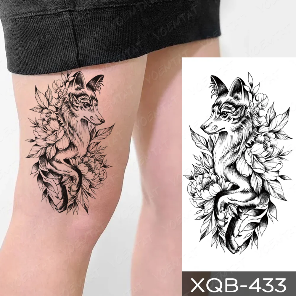 Sdrawing Temporary Tattoo Stickers Fox Lion Tiger Wolf Peony Rose Flowers Leaf Flash Tatto Women Men Body Art Arm Fake Tattoos