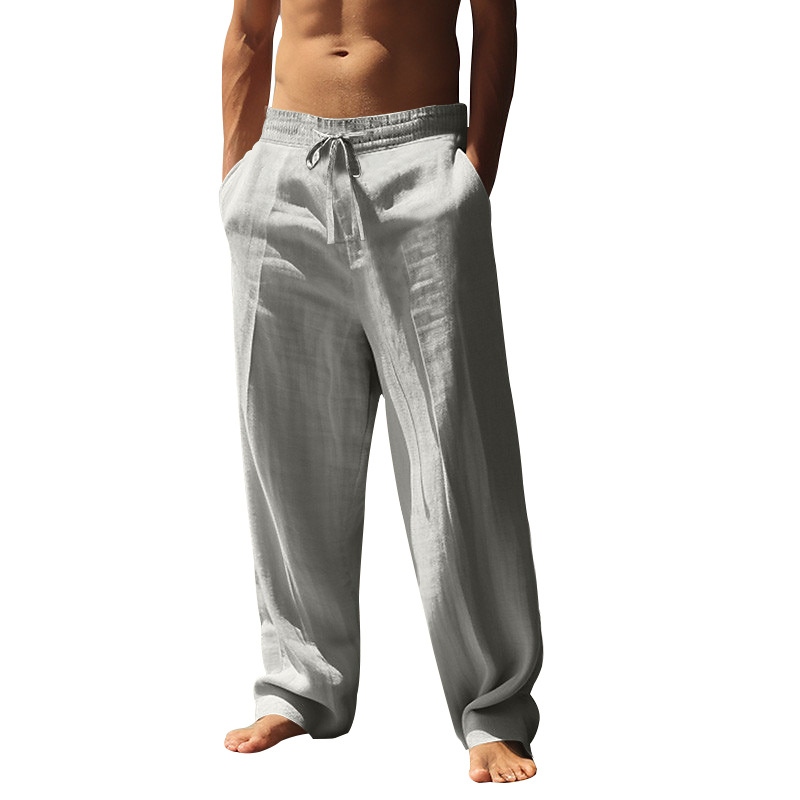 Comstylish Men's Solid Color Cotton Linen Drawstring Loose-fitting Cotton Linen Trousers