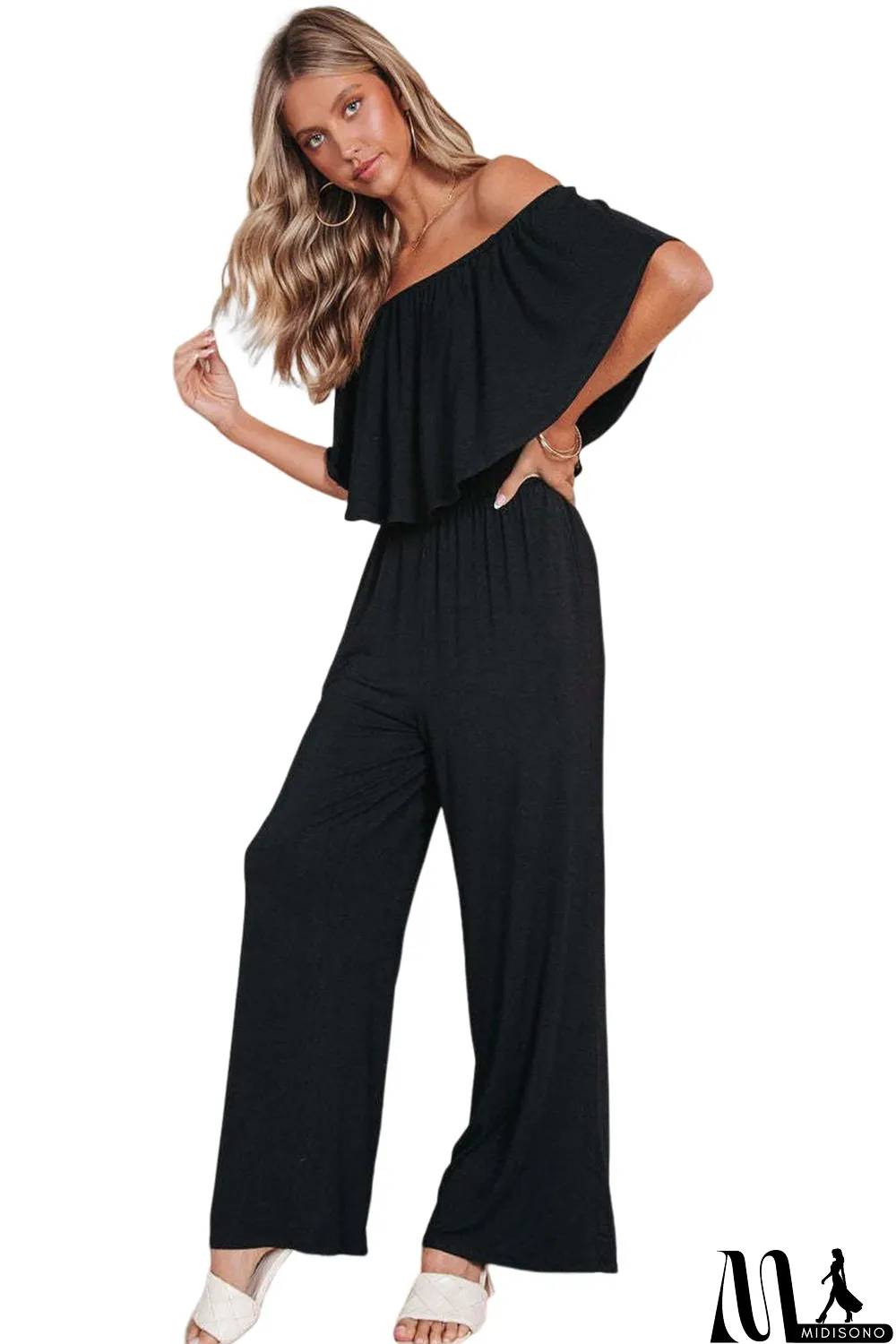 MidiSono - Black Solid Color Off Shoulder Wide Leg Jumpsuit