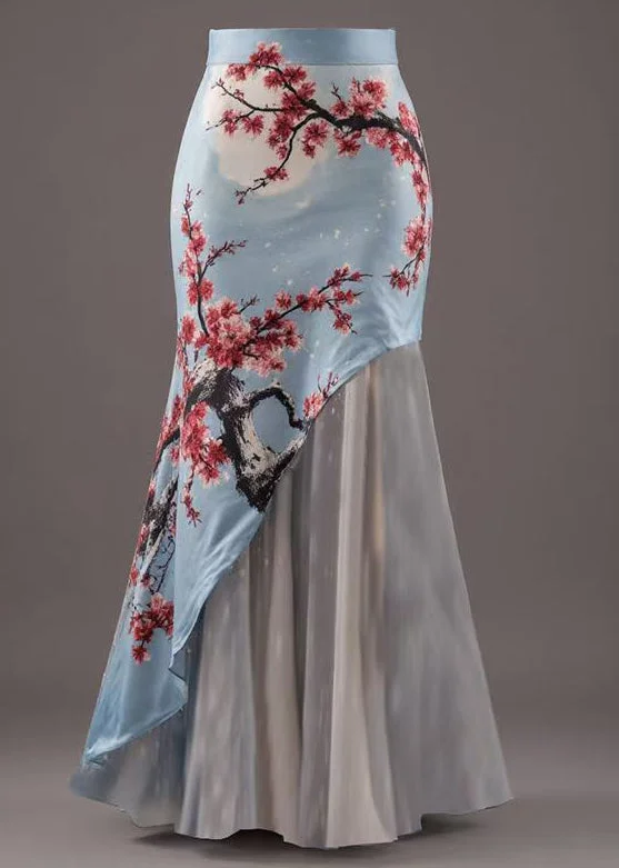 New Blue Asymmetrical Print Patchwork Skirts Summer