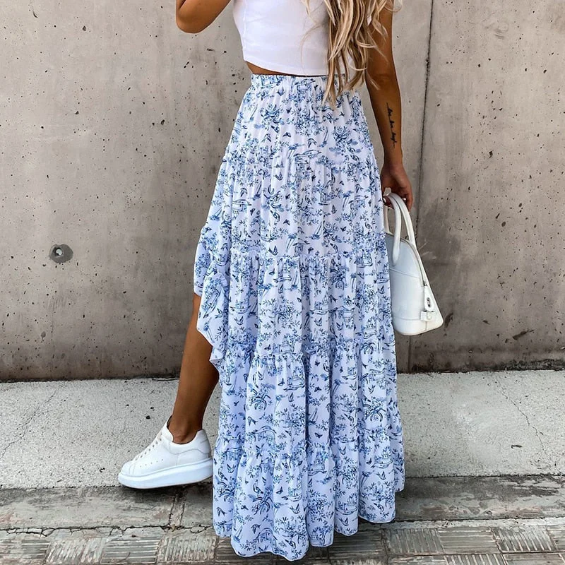 Women Summer Asymmetrical Bohemian Boho Midi Skirts Vintage Beach Long Floral High Waisted Maxi Skirt Casual Fashion Streetwear