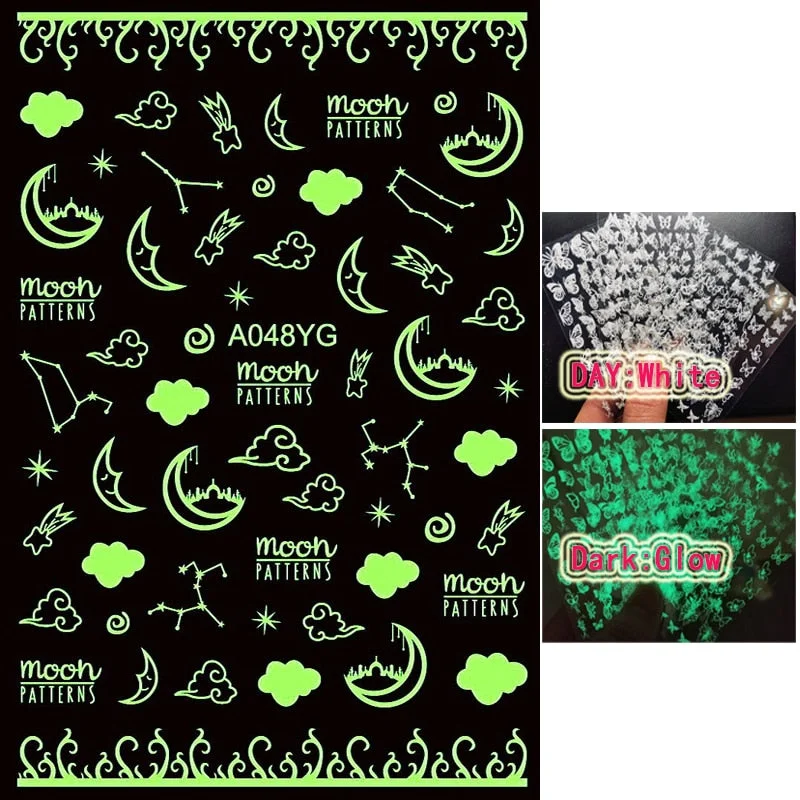 New Arrive Nail Art Sticker Decal Decoration Glow In Dark Butterfly Nail Stickes Back Glue Moon Manicure Sticker on Nails Design