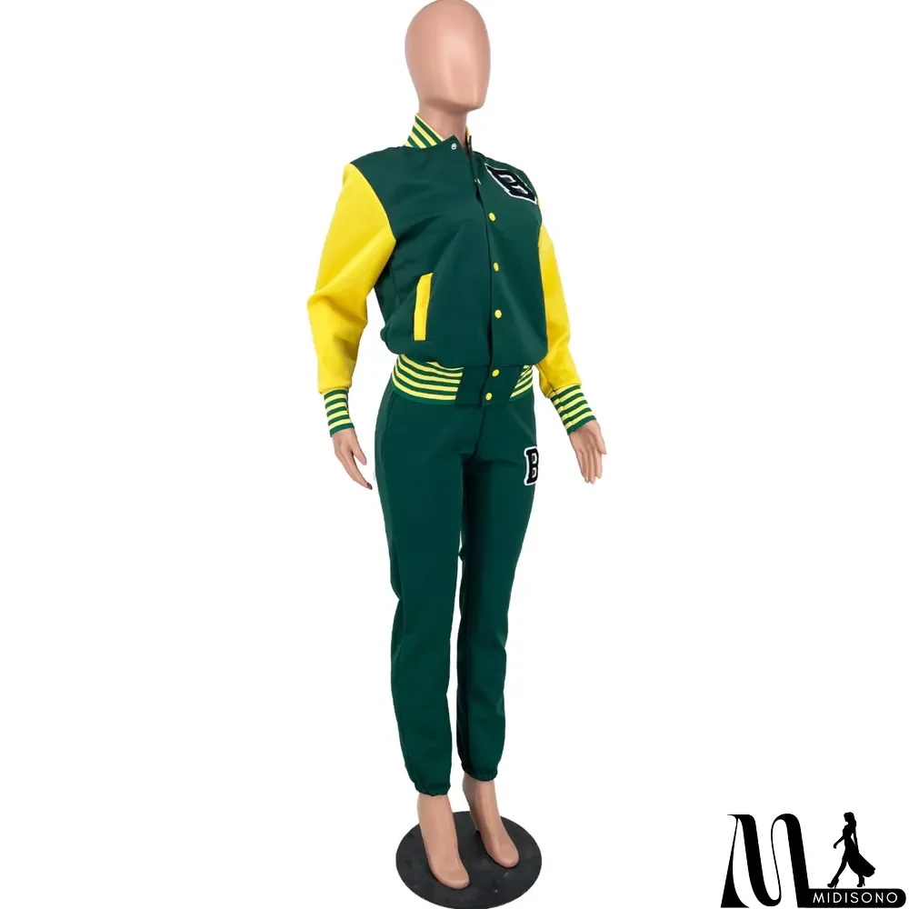 MidiSono - Women Letter Baseball Jacket and Pant Two-Piece Set