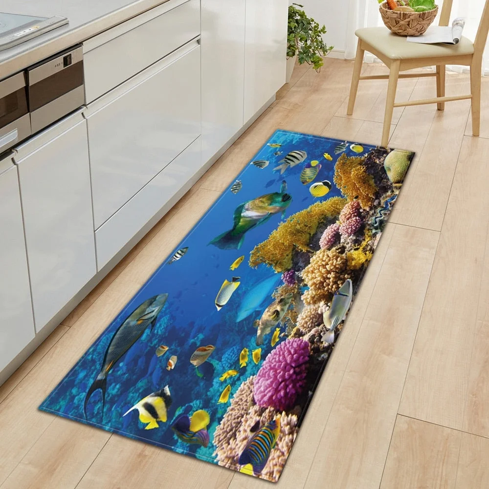 3D Underwater World Kitchen Mat  Entrance Doormat Bedroom Floor Decoration Living Room Carpet Bathroom Non-Slip Rug Long Strip