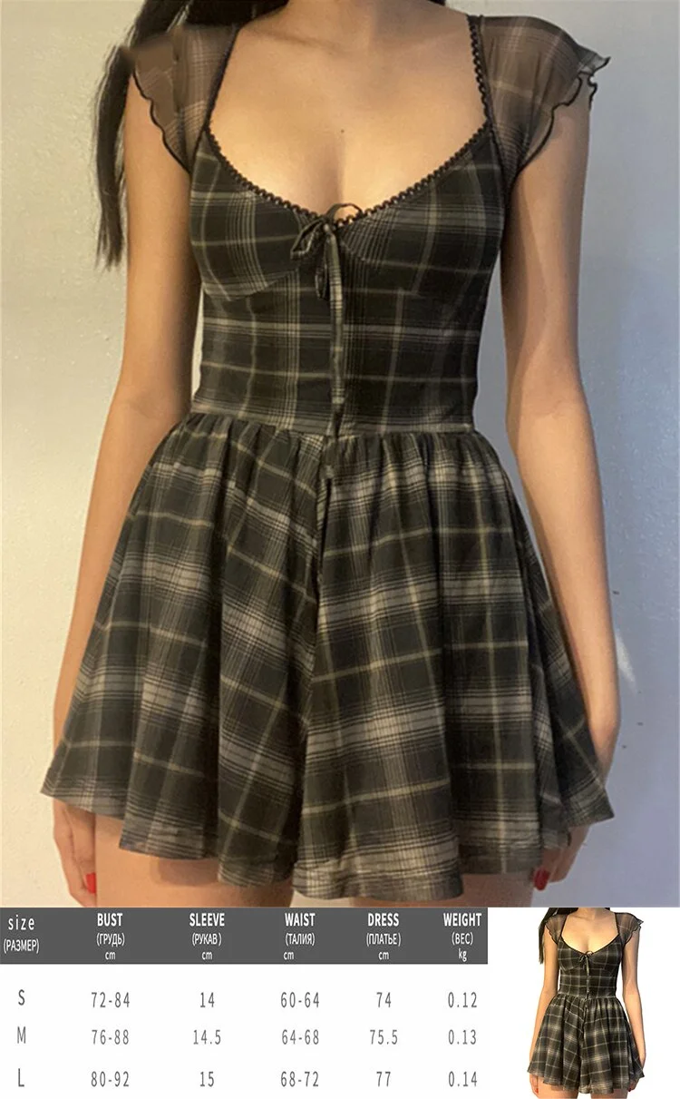 Jangj Gothic Plaid Mini Dress Women Alt Clothes 2000s 90s Girls Emo Vestidos Punk Mesh Sleeve Jurken Aesthetic Party Argyle Dresses