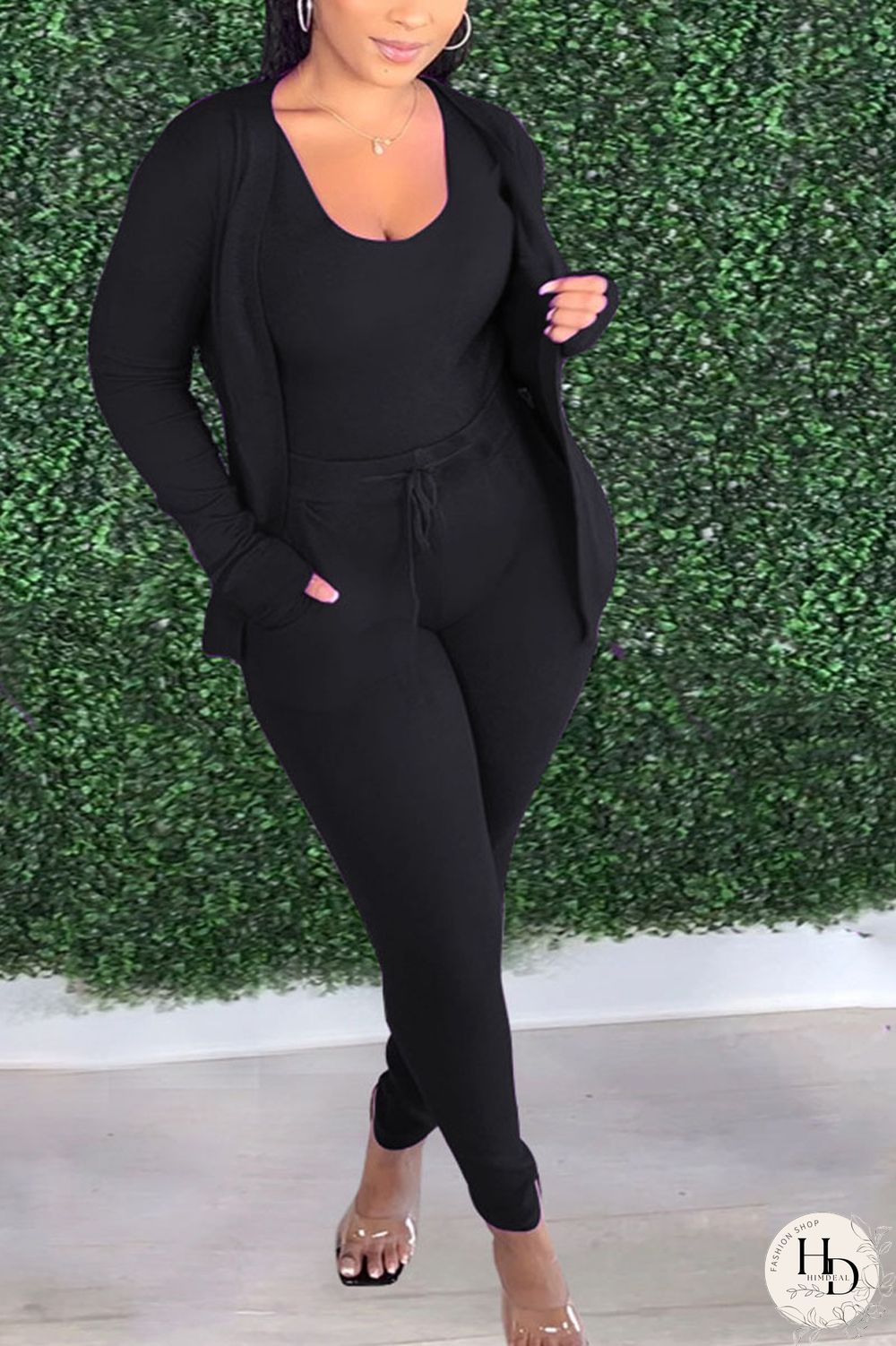 rose red Sportswear Solid O Neck Long Sleeve Regular Sleeve Two Pieces