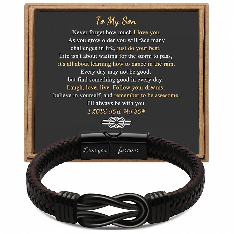 To My Son Love You Forever Stainless Steel Magnetic Buckle Engraved Woven Leather Bracelet