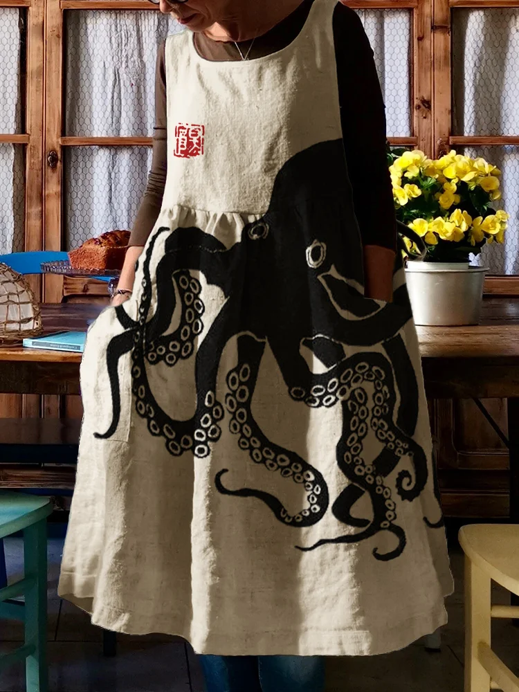 Comstylish Octopus Japanese Lino Art Linen Blend Pinafore Dress