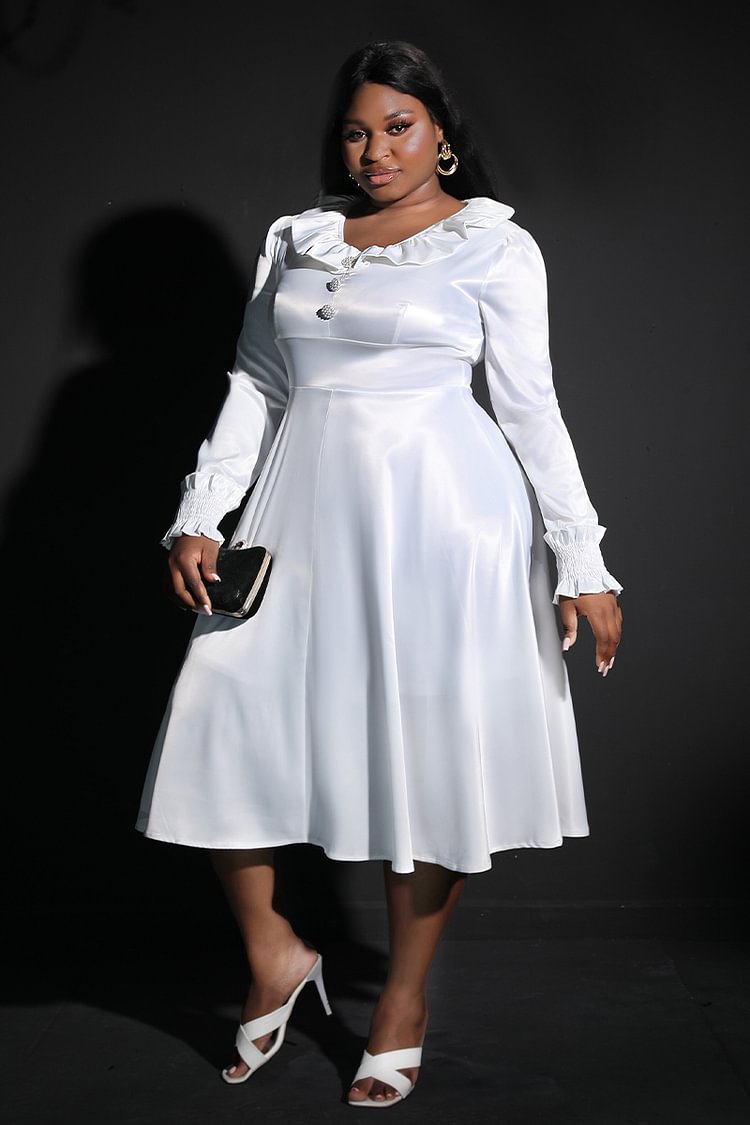 Xpluswear Design Plus Size Formal Little White Ruffle Collar Bubble Long Sleeves Midi Dress