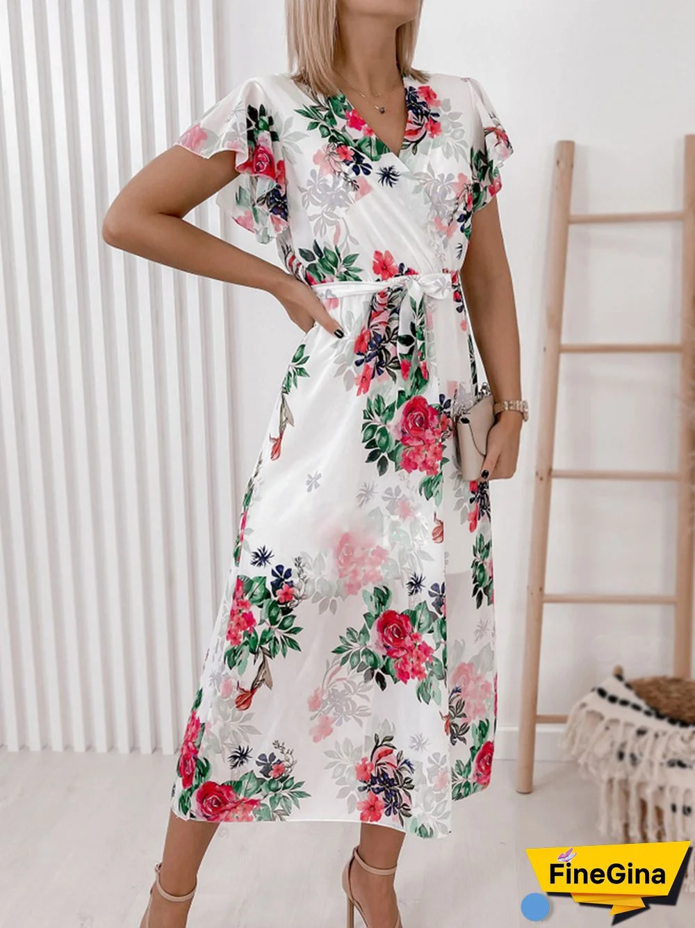 Women Casual Floral Tie-Up Long Dress Elegant V-Neck Simple A-Line Maxi Dress Mujer Summer Ruffle Sleeveless Chiffon Print Dress