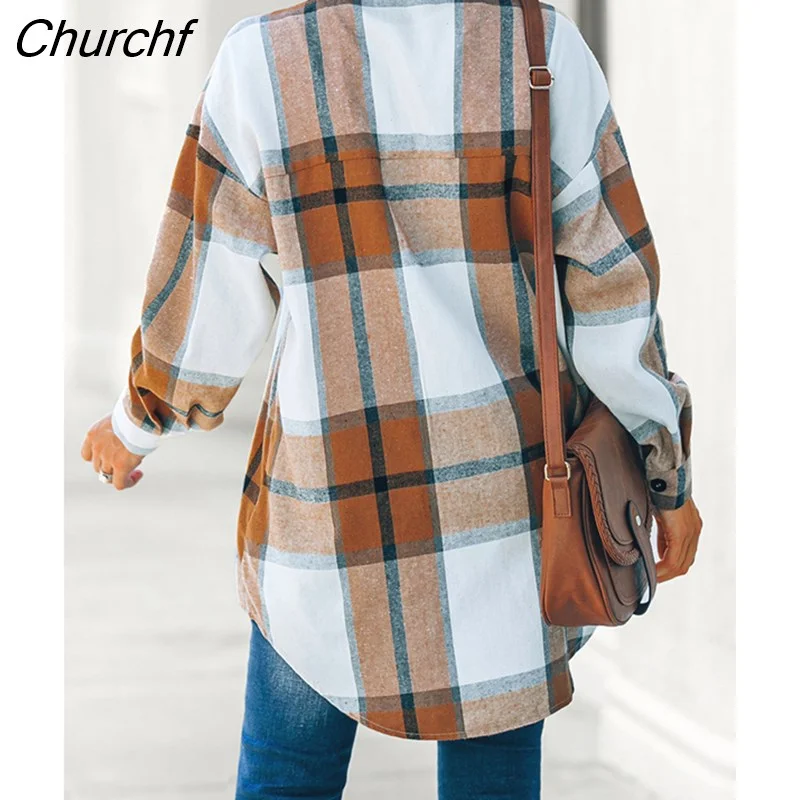 Churchf PETAL Brown Plaid Long Sleeve Blouse For Woman Casual Button Up Shirts Top 2023 Spring Autumn Blouses Streetwear