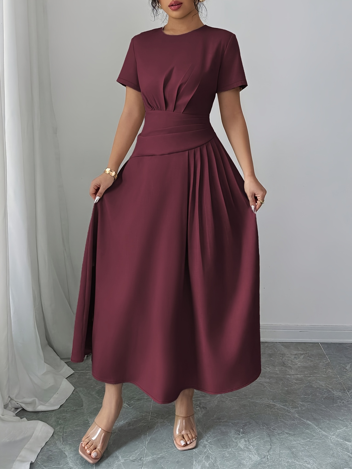 Women's Elegant A-Line Midi Dress - Flattering Office To Party Outfit With High-Waisted Fit, Back Zipper Closure, Flowy A-Line Silhouette For Formal Events, Casual Attire - Burgundy/Deep Red/Black/ Navy/ - All-Season Women's Clothing, Versatile Fashion
