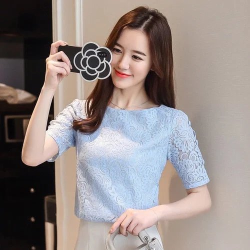 New 2021 Summer Solid Lace Fashion Women Blouses Shirts Chiffon Elegant White Light Blue Short Sleeve Female Tops Blusas 0361 40