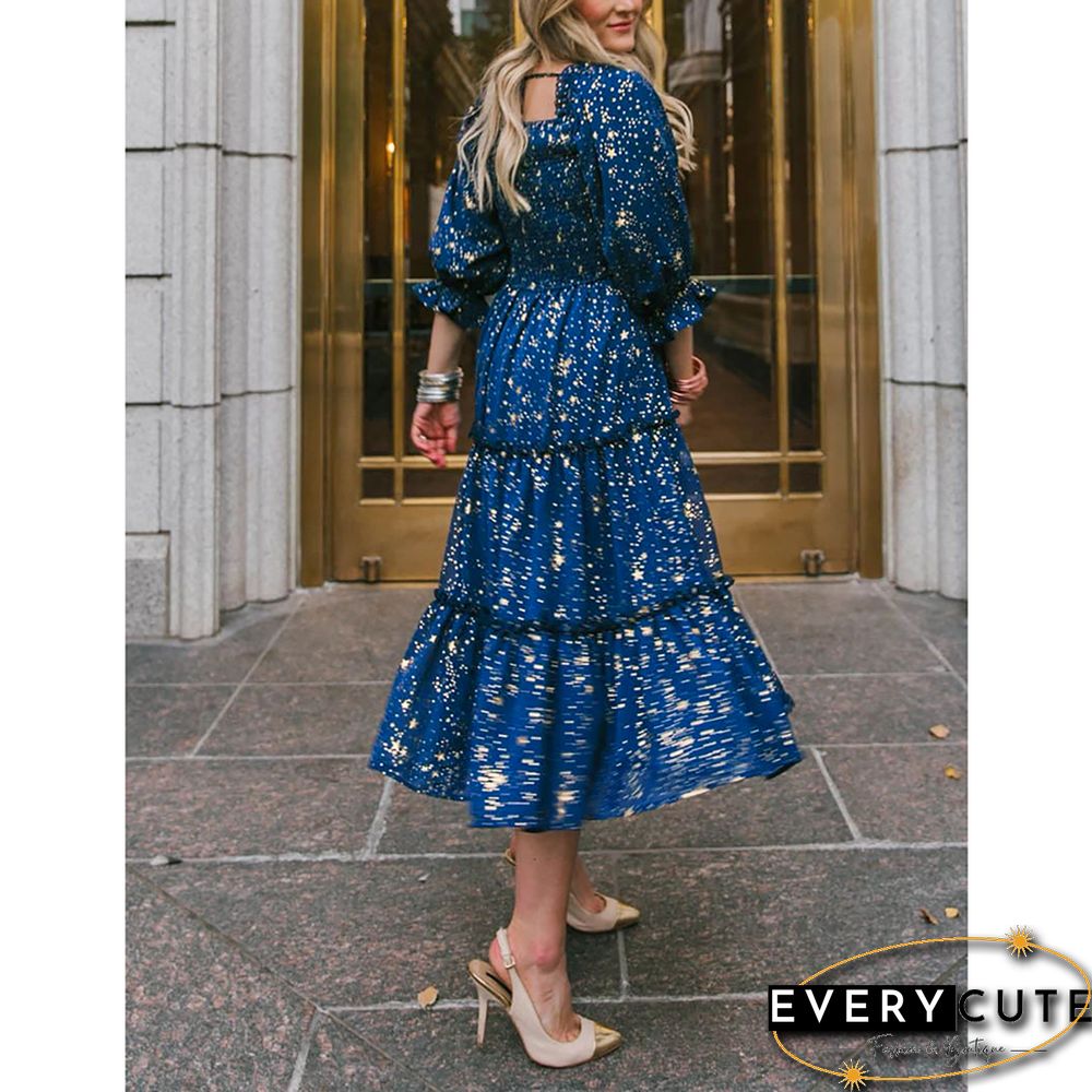 Navy Blue Square Collar Pleated 1/2 Sleeve Floral Dress