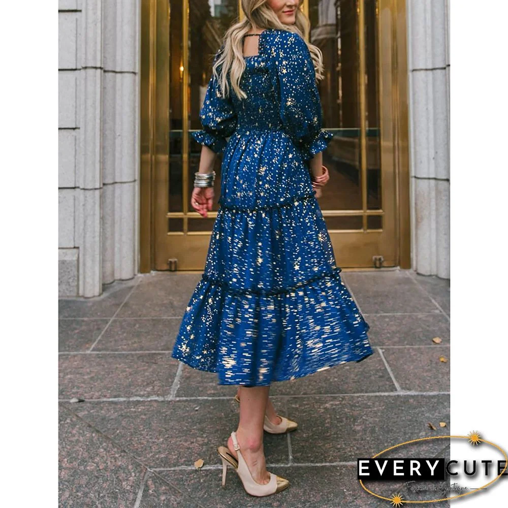 Navy Blue Square Collar Pleated 1/2 Sleeve Floral Dress