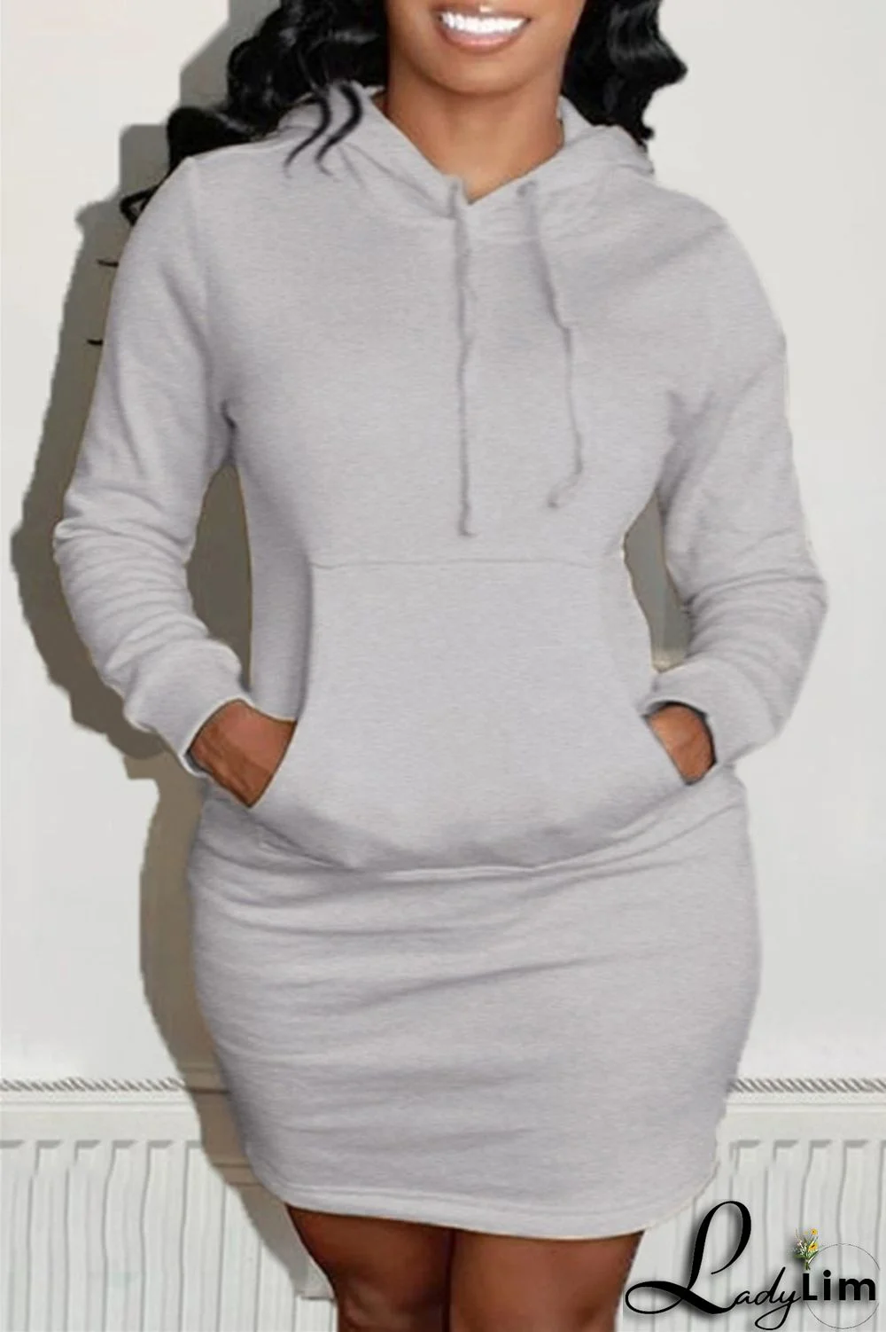 Grey Fashion Casual Solid Patchwork Hooded Collar Long Sleeve Dresses