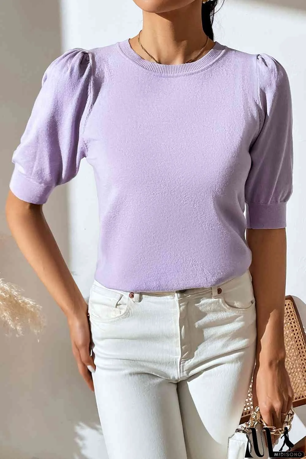 MidiSono - Round Neck Puff Sleeve Knit Top