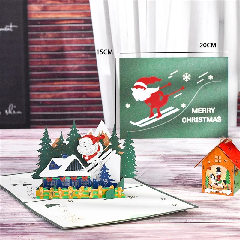 10 Pack Holiday Card Merry Christmas Gift New Year 3d Santa Claus Skiing Xmas Greeting Cards Wholesale Supplier