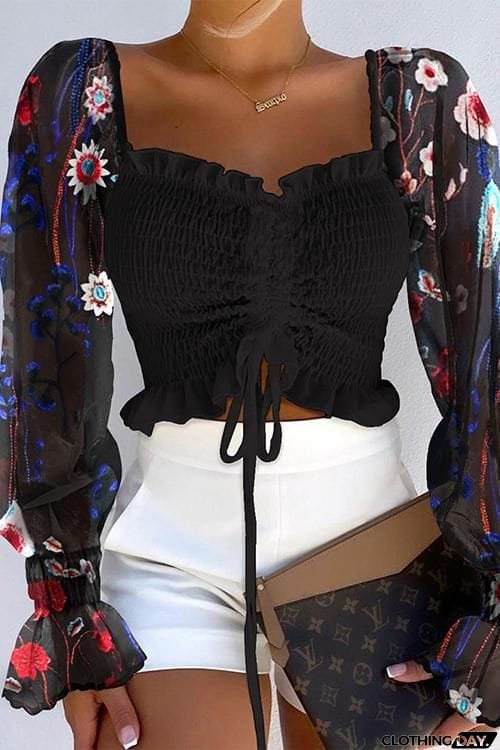 Shirring Detail Frill Hem Leaf Pattern Mesh Top