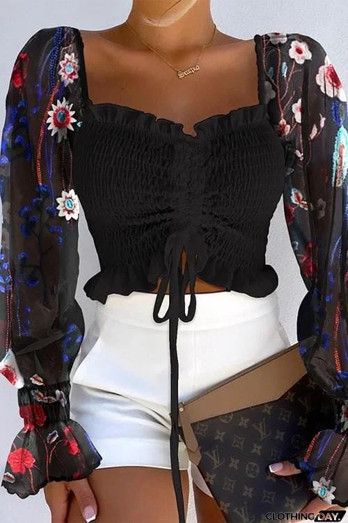 Shirring Detail Frill Hem Leaf Pattern Mesh Top