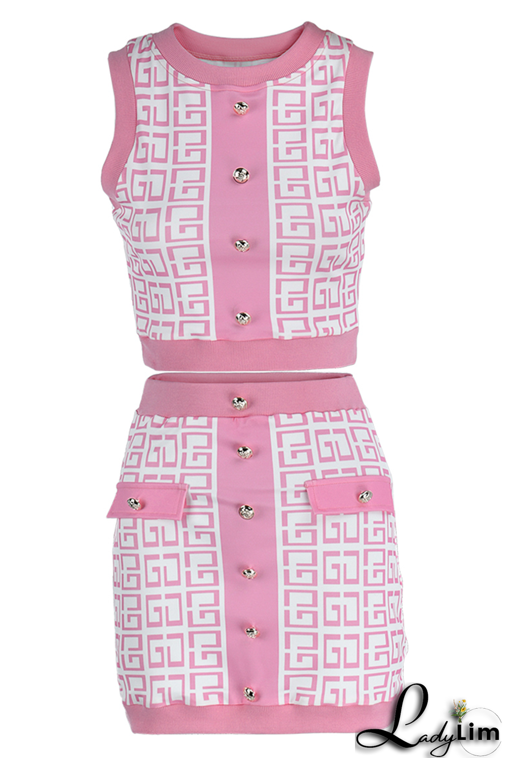 Coffee Sexy Print Buckle O Neck Sleeveless Two Pieces