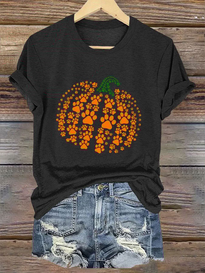 Women's Autumn Pumpkin Dog Paw Print T-Shirt