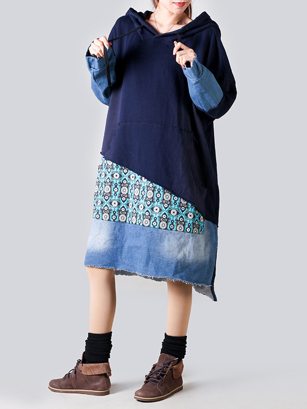 Leisure Retro Print Patchwork Hooded Hoodie